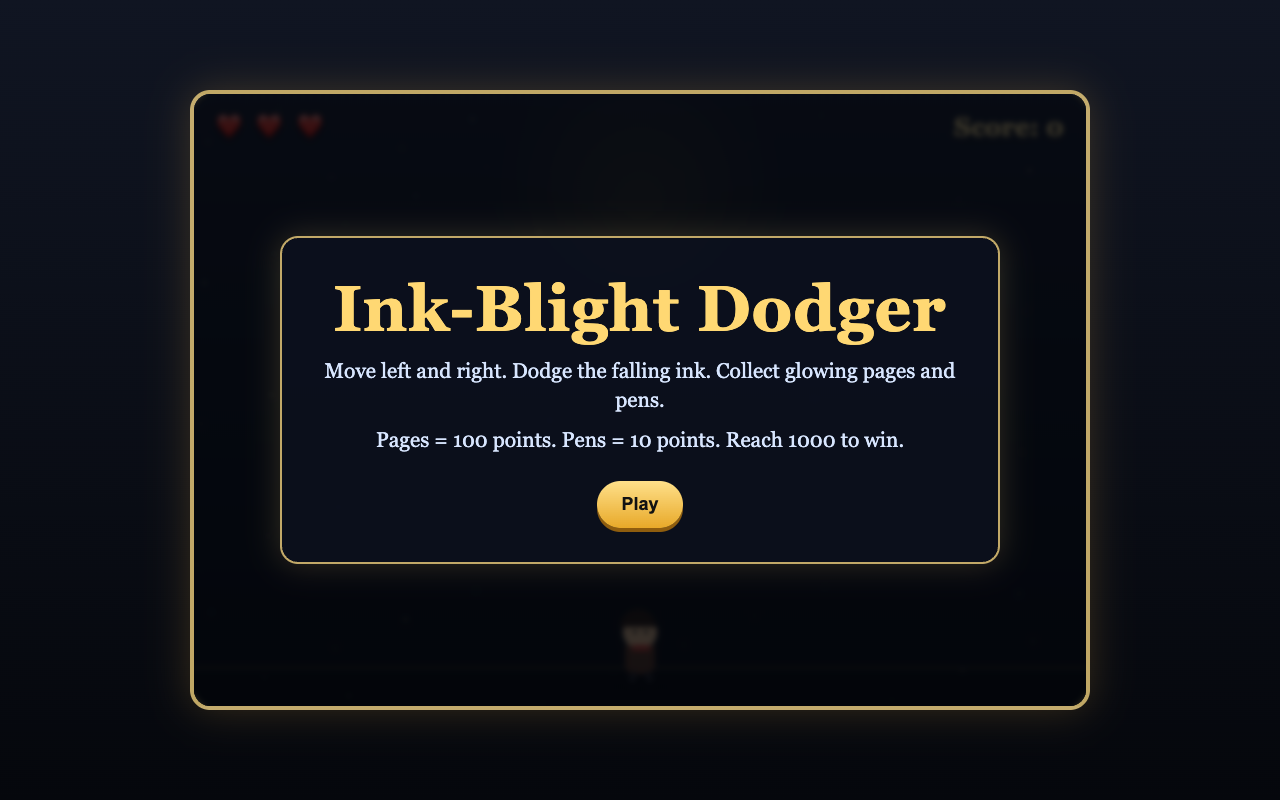 Early Ink-Blight Dodger menu with a single Play button and two instruction paragraphs
